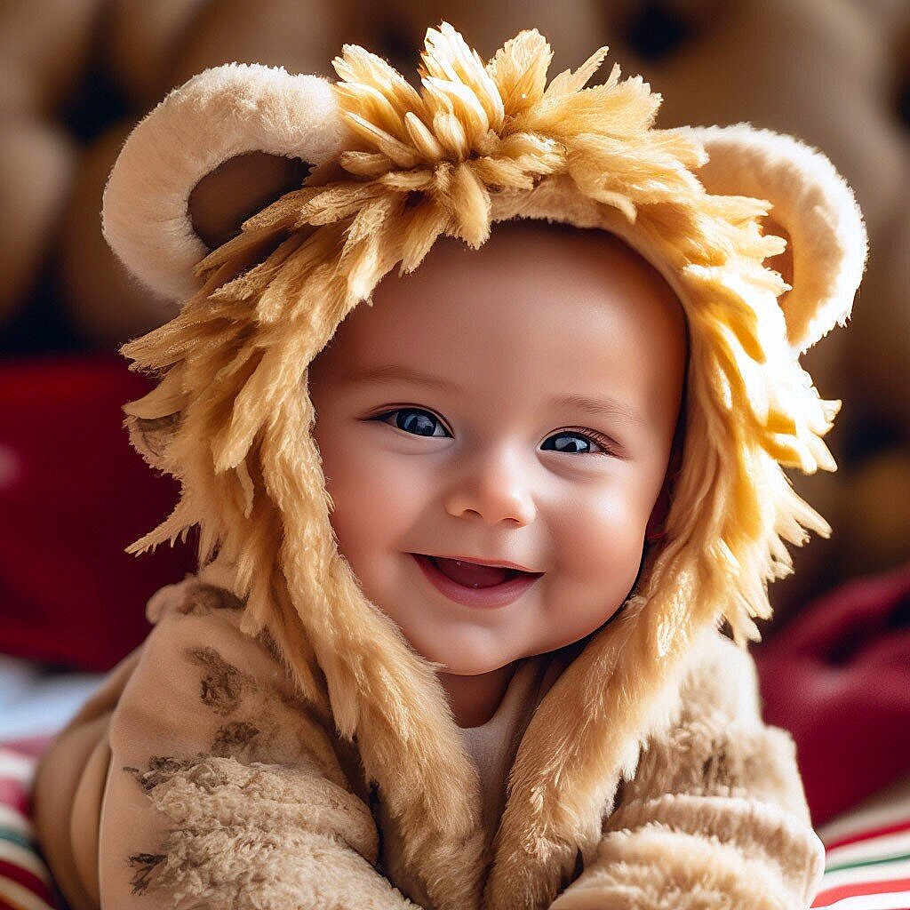 Tom a rejoint le concours — aidez-le/la à gagner de superbes lots ! animal, baby, babylaughing, blonde, bonnet, clothing, costume, doll, face, hair, happy, hat, head, hood, lion, person, photography, portrait, smile, toy