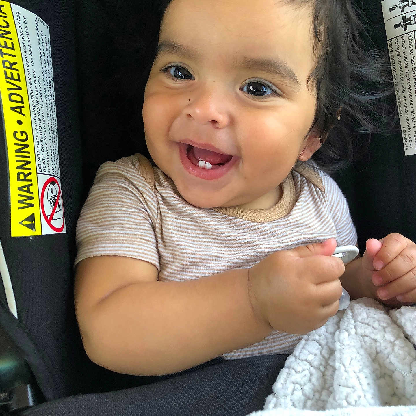 Asher joined the competition — help win amazing prizes! baby, blanket, car_seat, child, closeup, clothing, cute, eyes, face, hair, happy, indoors, infant, pacifier, person, seatbelt, skin, smiling, teeth, young_child