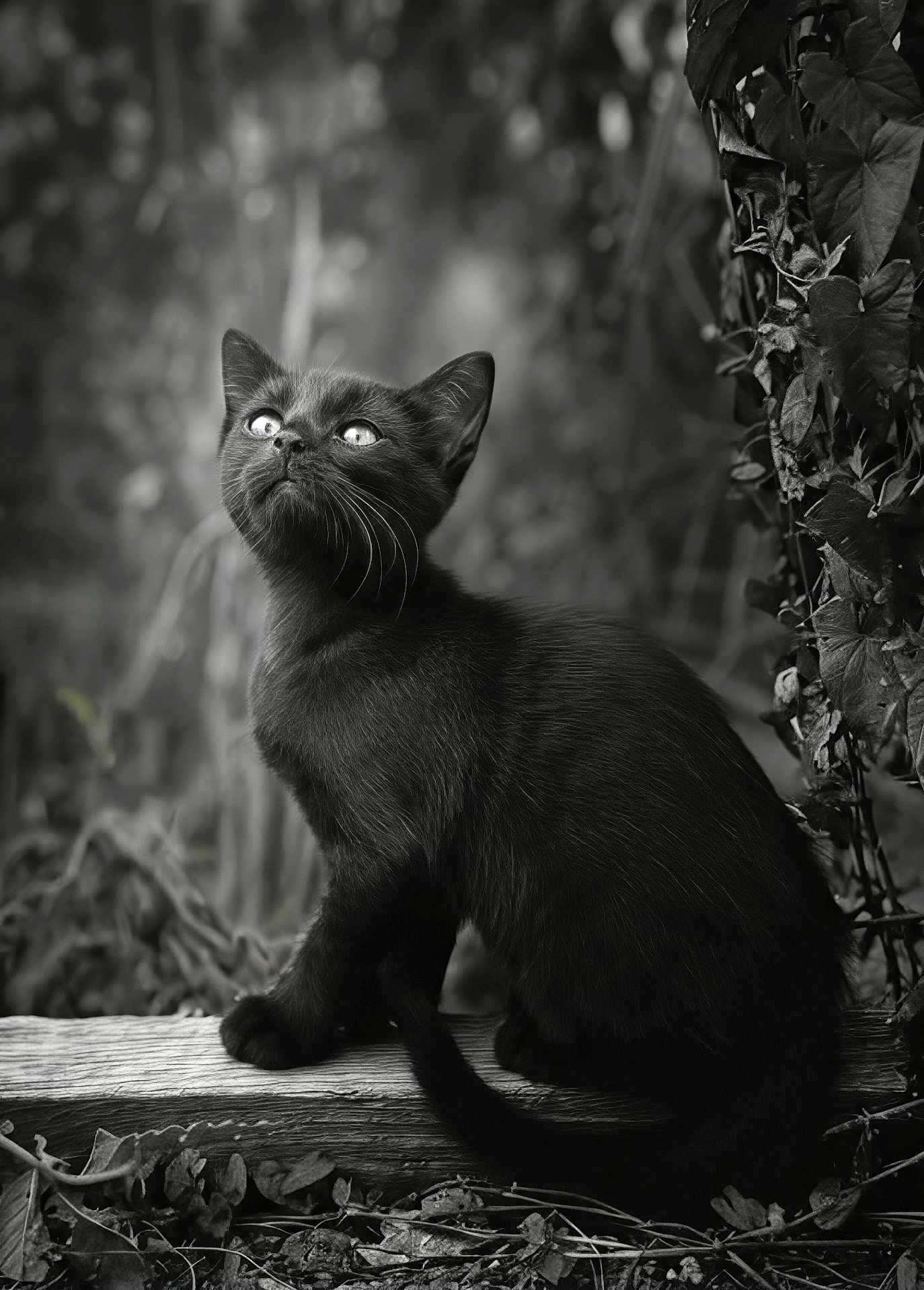 Hanoï participe au concours pour gagner de l'argent avec cette photo : black_cat, kitten, animal, pet, feline, outdoor, nature, log, leaf, plant, monochrome, black_and_white, portrait, curious, sitting, whiskers, fur, eyes, small_animal, closeup