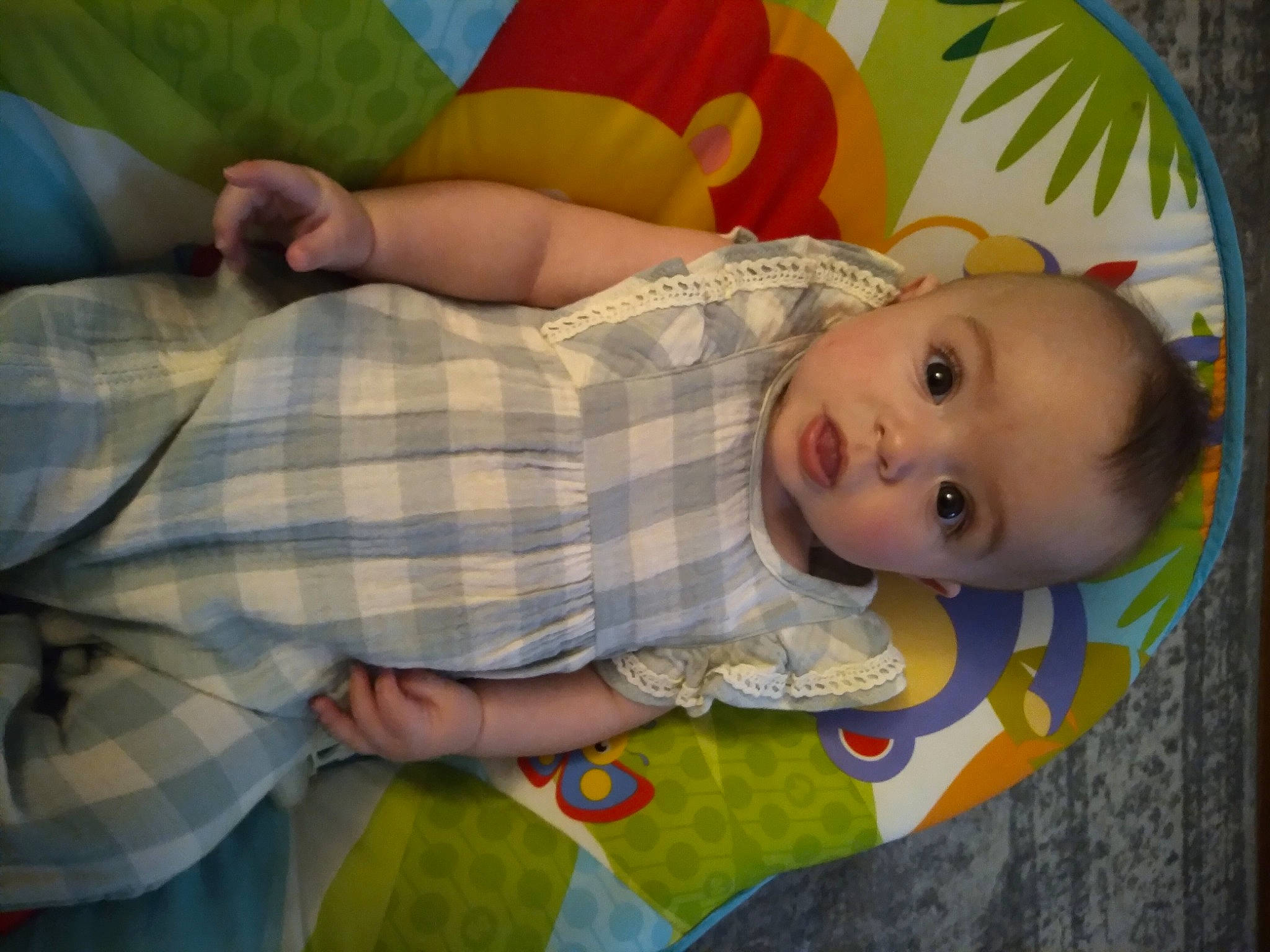 Kailee joined the competition — help win amazing prizes! baby, baby_products, baby_safety, baby_toddler_clothing, bed, cheek, child, comfort, facial_expression, green, infant_bed, iris, linens, nose, pattern, person, skin, textile, toddler, wood