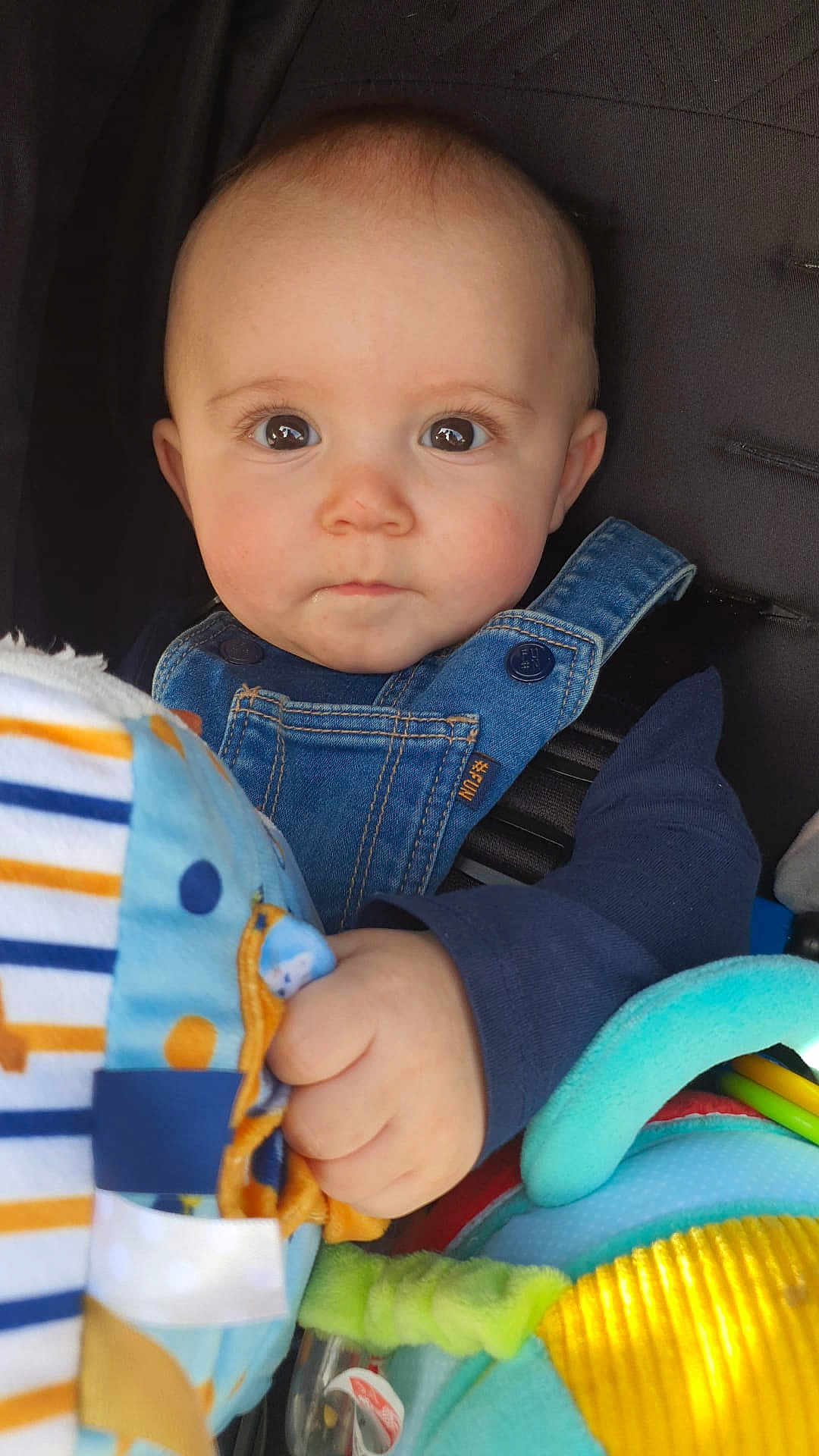 Hugo a rejoint le concours — aidez-le/la à gagner de superbes lots ! baby, denim_overalls, toy, blanket, clothing, child, infant, hand, face, eyes, portrait, cute, indoor, colorful, soft_toys, young_child, closeup, expression, holding, seated