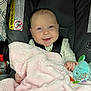 Sophia joined the competition — help win amazing prizes! baby, infant, car_seat, blanket, plush_toy, smiling, child, happy, indoor, seatbelt, cute, soft_texture, comfort, small_hand, blue_eyes, clothing, head, face, safety, toddler