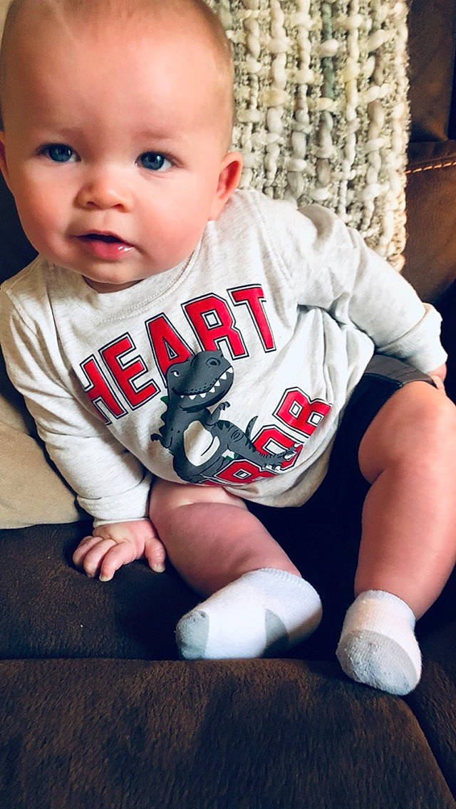 Kasen joined the competition — help win amazing prizes! baby, baby_products, baby_toddler_clothing, cheek, child, cool, leg, person, play, product, shoe, sitting, sleeve, smile, t_shirt, toddler, wood