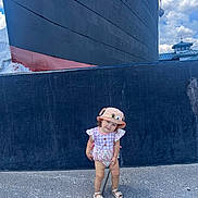 Alora joined the competition — help win amazing prizes! toddler, child, hat, bucket_hat, romper, sandals, concrete, ship, large_vessel, blue_sky, clouds, outdoor, standing, cute, playful, smiling, head_tilt, summer_clothing, daytime, background