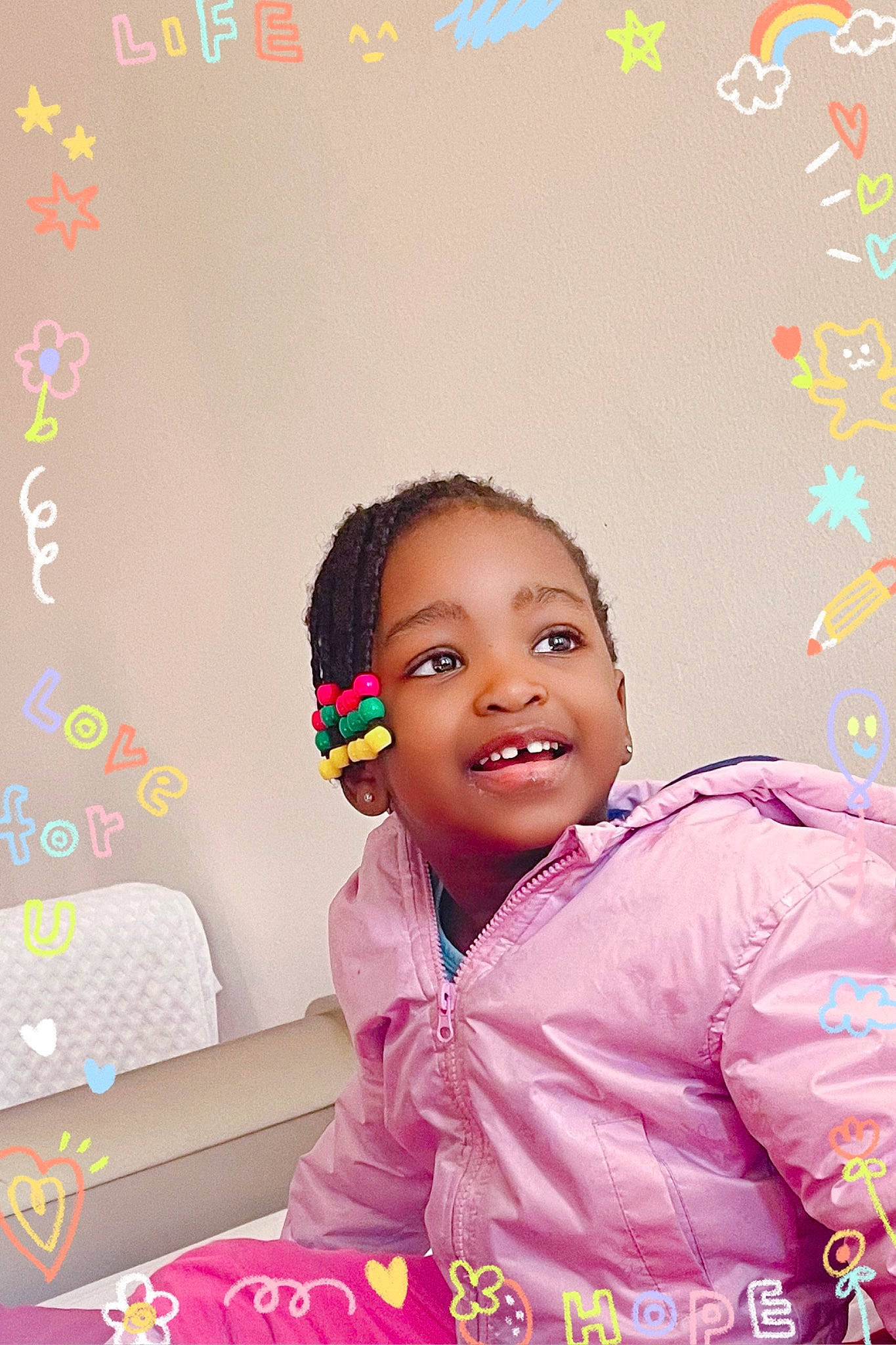 Shantal is registered to the contest to win money with this photo: adaptation, black_hair, blackboard, chair, child, event, face, flash_photography, font, fun, hairstyle, happy, joy, leisure, magenta, person, pink, play, room, sleeve