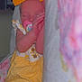 baby, child, close_up, crib_bedding, cute, floral_blanket, hair_bow, hand, indoors, infant, legs, newborn, pacifier, peaceful, portrait, resting, sleeping, soft_lighting, striped_clothing, yellow_dress