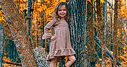 Aaliyah is registered to the contest to win money with this photo: child, girl, forest, tree, autumn, leaves, fall, nature, outdoor, brown_boots, dress, smile, standing, tree_bark, wood, seasonal, happy, posing, young, scenery