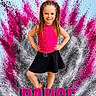 child, girl, smile, dance, colorful, powder, explosion, background, pink, silver, skirt, top, long_hair, posing, standing, portrait, confident, bright, text_overlay, event