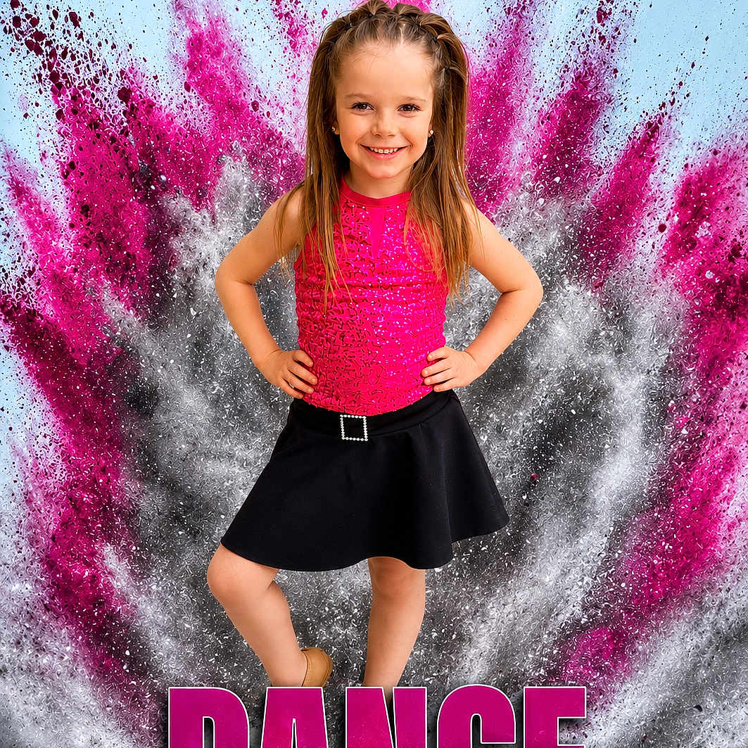 Aaliyah joined the competition — help win amazing prizes! child, girl, smile, dance, colorful, powder, explosion, background, pink, silver, skirt, top, long_hair, posing, standing, portrait, confident, bright, text_overlay, event