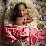 Peyton is registered to the contest to win money with this photo: baby, infant, portrait, pink_cloth, fluffy_rug, roses, flower, soft_texture, cute, skin, hand, foot, relaxing, indoors, newborn, lying_down, adorable, child, person, closeup