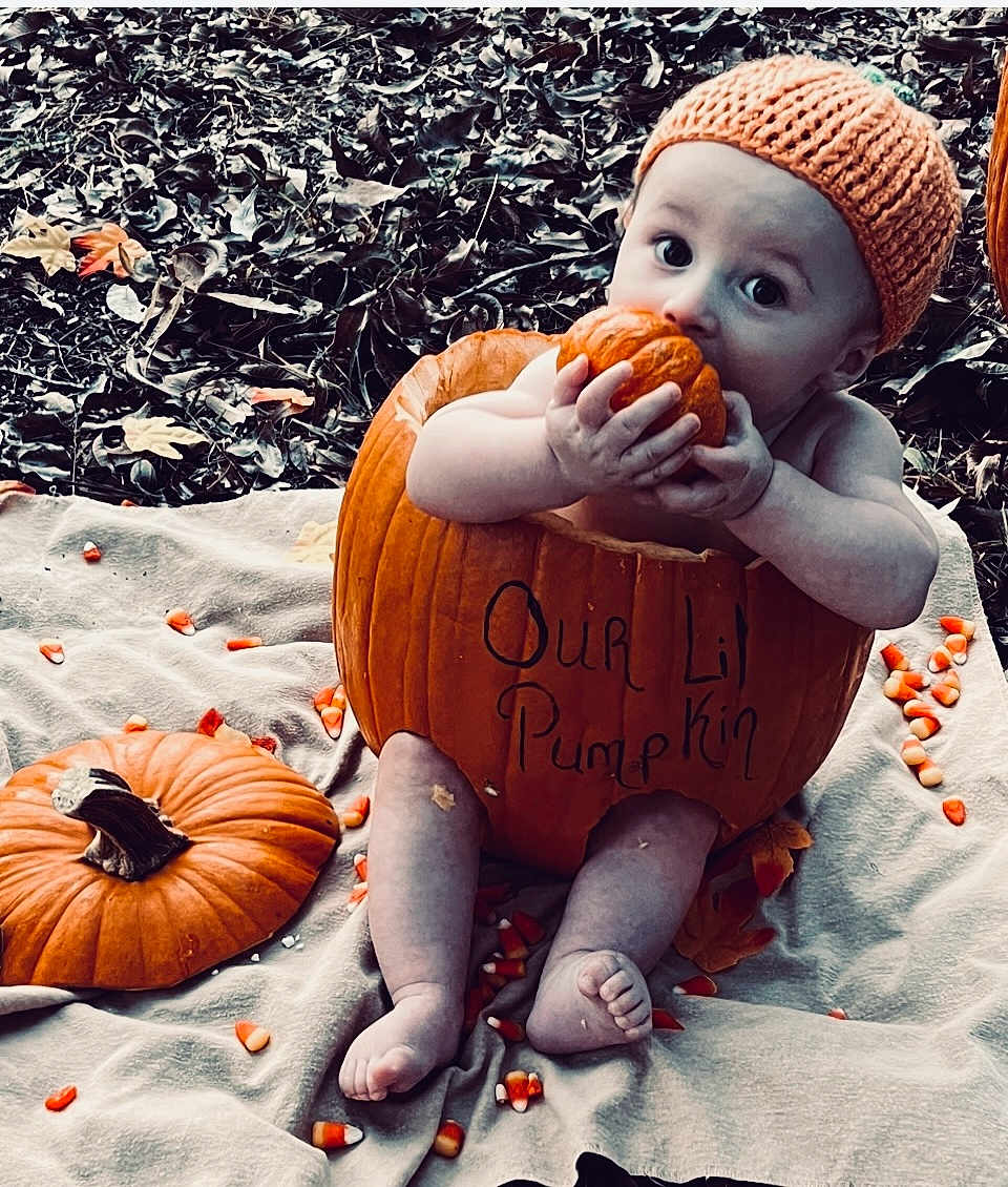 Roper is registered to the contest to win money with this photo: baby, child, pumpkin, orange_hat, candy_corn, blanket, autumn_leaves, outdoor, fall, cute, sitting, fall_holiday, harvest, seasonal, baby_pose, baby_face, festive, holiday, nature, playful