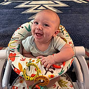 Johnny is registered to the contest to win money with this photo: baby, walker, smiling, toy, colorful, infant, happy, patterned_rug, playful, clothing, person, cute, indoors, seat, bright, child, expression, face, sitting, cheerful