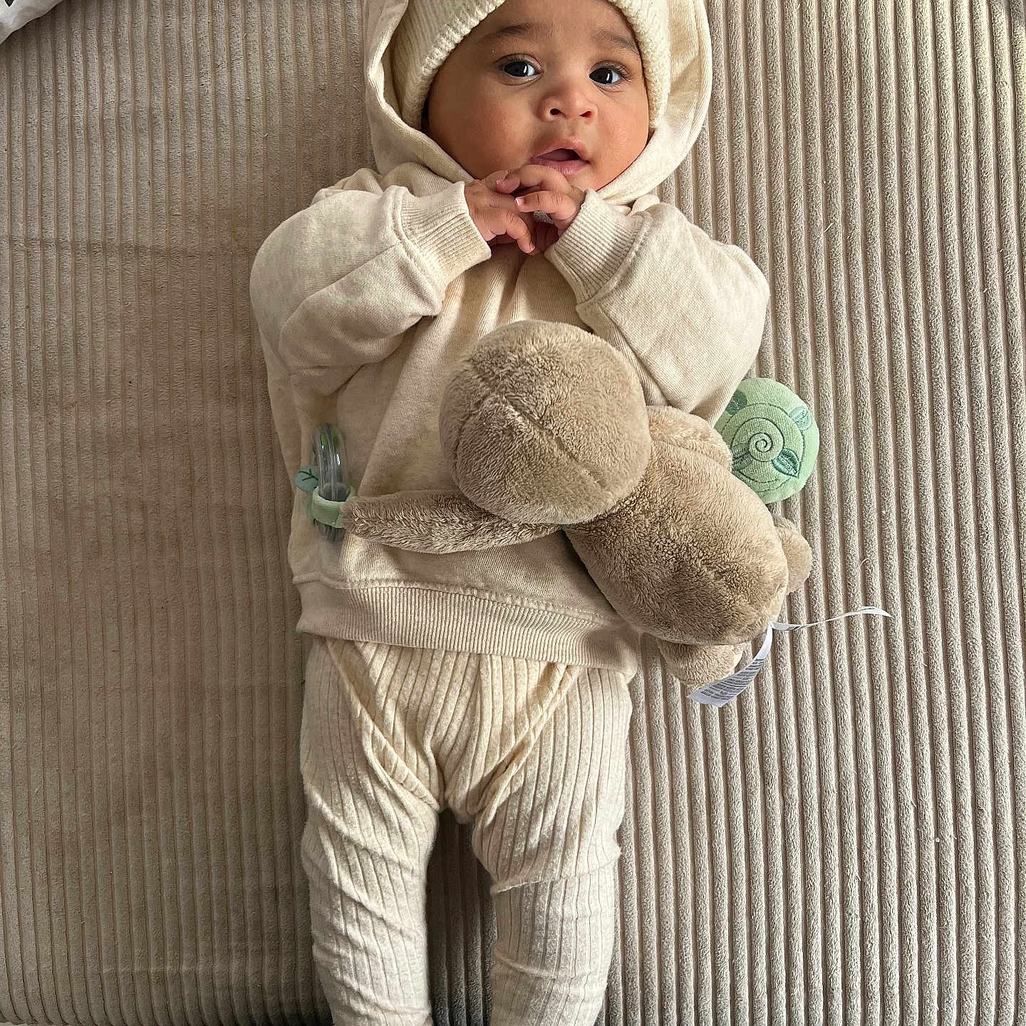 Ilyass participe au concours pour gagner de l'argent avec cette photo : baby, baby_clothes, beige, blanket, child, curious_expression, cute, floor, hoodie, indoors, infant, knit_hat, knit_pants, lying_down, plush_toy, portrait, socks, soft_texture, turtle, warm_clothing