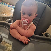 Noursine participe au concours pour gagner de l'argent avec cette photo : arms_crossed, baby, child, curious, cute, expression, face, furniture, head, high_chair, indoor, infant, looking_at_camera, pacifier, person, portrait, room, seated, skin, soft_lighting