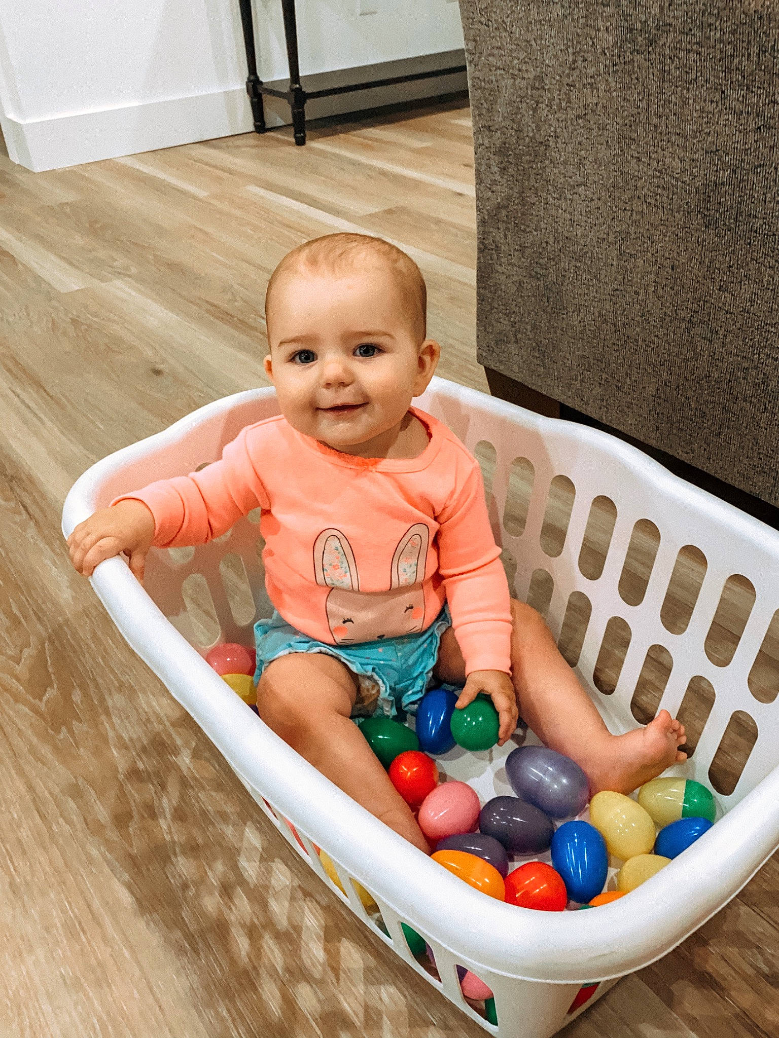 Skylar joined the competition — help win amazing prizes! baby, baby_products, baby_safety, baby_toddler_clothing, basket, child, comfort, cradle, flooring, fun, hardwood, infant_bed, joy, laminate_flooring, person, product, room, sitting, smile, toddler