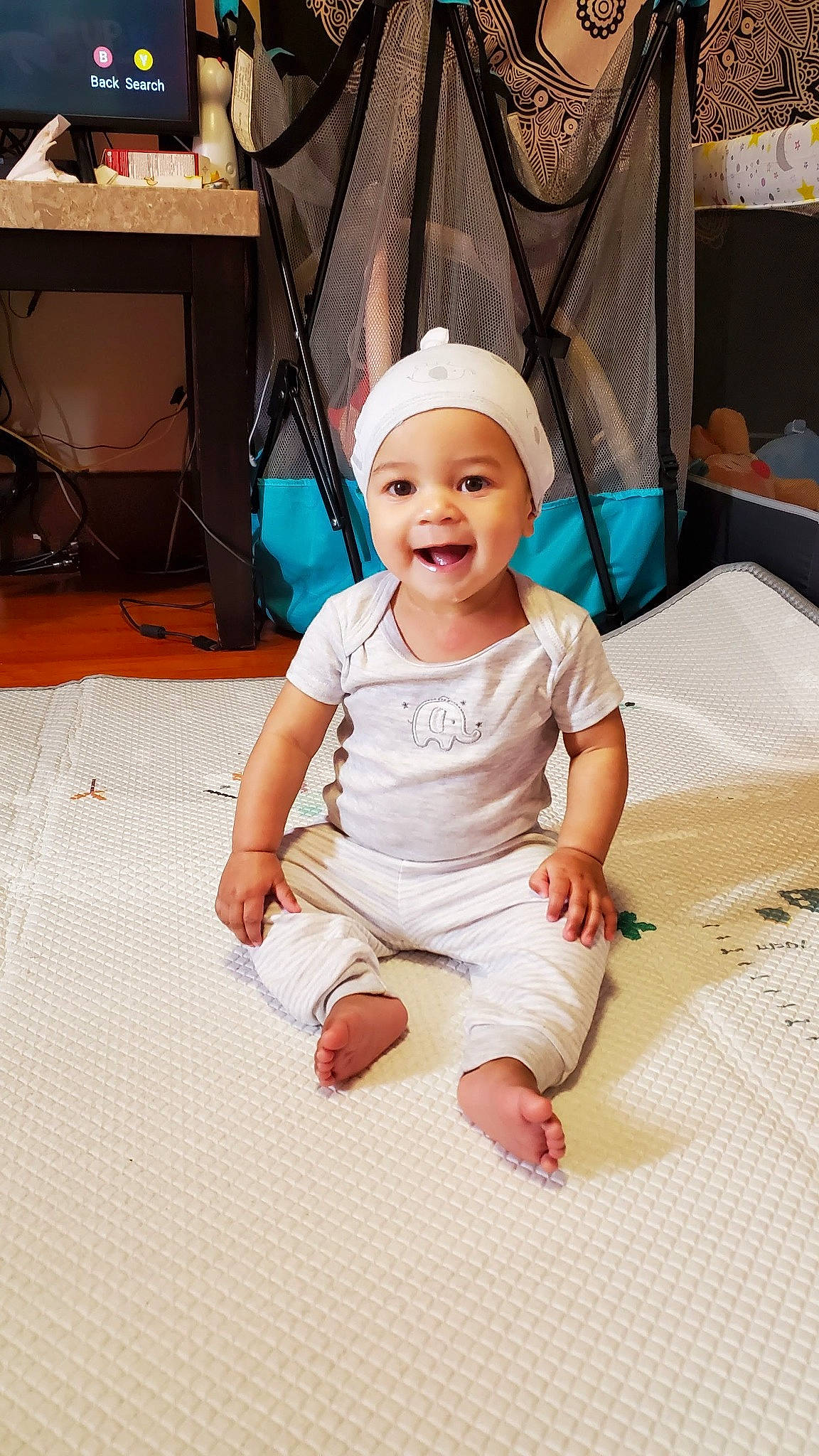 Jiraiya joined the competition — help win amazing prizes! baby, baby_toddler_clothing, box, child, costume_hat, fashion_accessory, flooring, foot, fun, happy, headwear, joy, peach, person, room, sitting, skin, sleeve, smile, sock