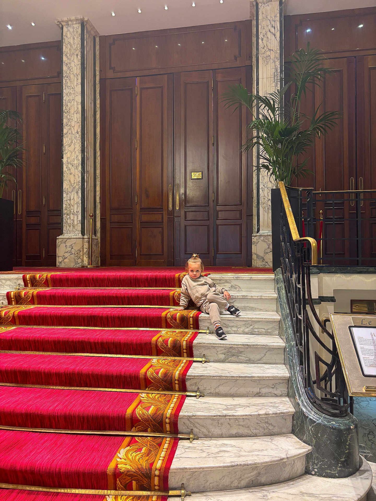 Rafaël participe au concours pour gagner de l'argent avec cette photo : child, stairs, carpet, marble, wooden_doors, columns, plant, railing, interior, luxury, architecture, casual_pose, red, gold, elegant, young, person, fashion, relaxing, indoor