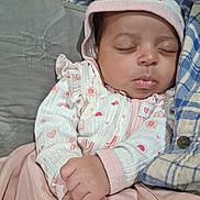 Maecii joined the competition — help win amazing prizes! baby, infant, newborn, sleeping, eyes_closed, hat, hood, pink, onesie, hand, fingers, face, lips, cheek, plaid, cushion, fabric, cozy, portrait, parent_arm