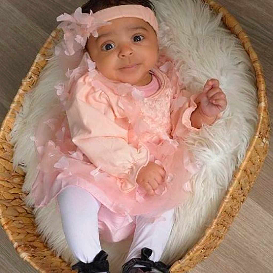 Maecii joined the competition — help win amazing prizes! baby, black_shoes, bow, cozy, cute, faux_fur_blanket, hands, headband, indoors, infant, legs, pink_dress, portrait, sitting, smile, soft_texture, tights, wicker_basket, wide_eyes, wooden_floor