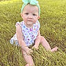 Stella joined the competition — help win amazing prizes! baby, child, grass, outdoor, headband, polka_dot, dress, sitting, cute, green, nature, yard, summer, portrait, person, face, young, sunlight, house, lawn