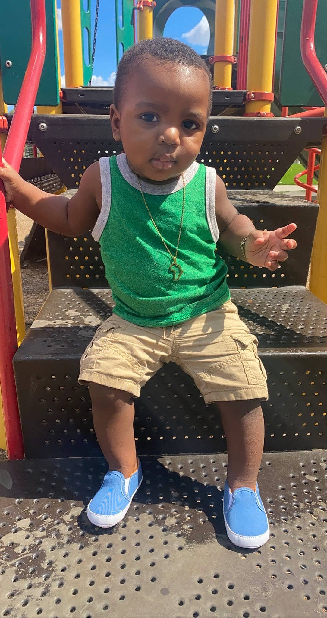 Calvin joined the competition — help win amazing prizes! baby, black, blue, child, computer_keyboard, facial_expression, fun, green, hairstyle, human, joint, person, photograph, product, shoe, shorts, sneakers, standing, t_shirt, toddler