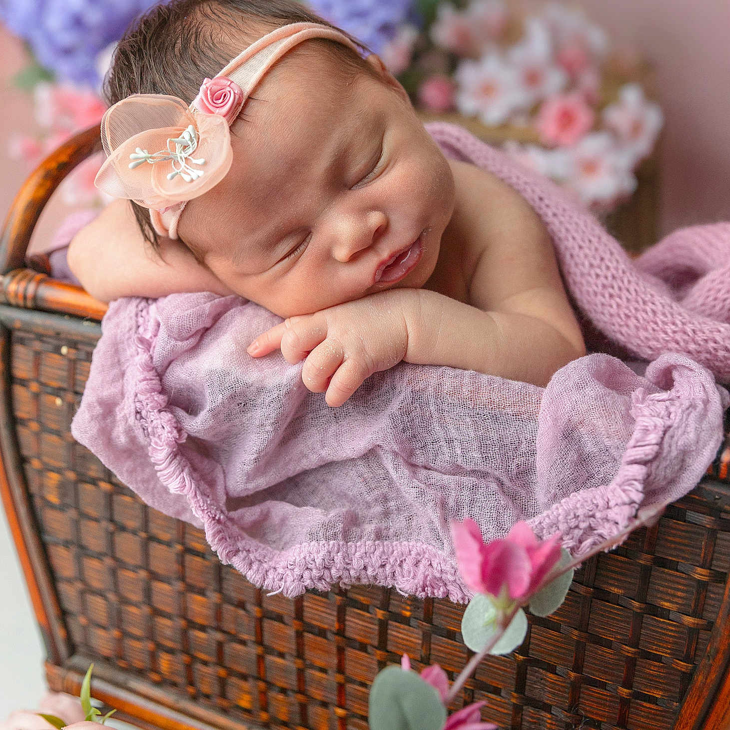 Bella Rose joined the competition — help win amazing prizes! newborn, baby, sleeping, headband, flower, basket, purple, lavender, blanket, soft, portrait, closeup, resting, infant, cute, pink, decor, floral, peaceful, indoors