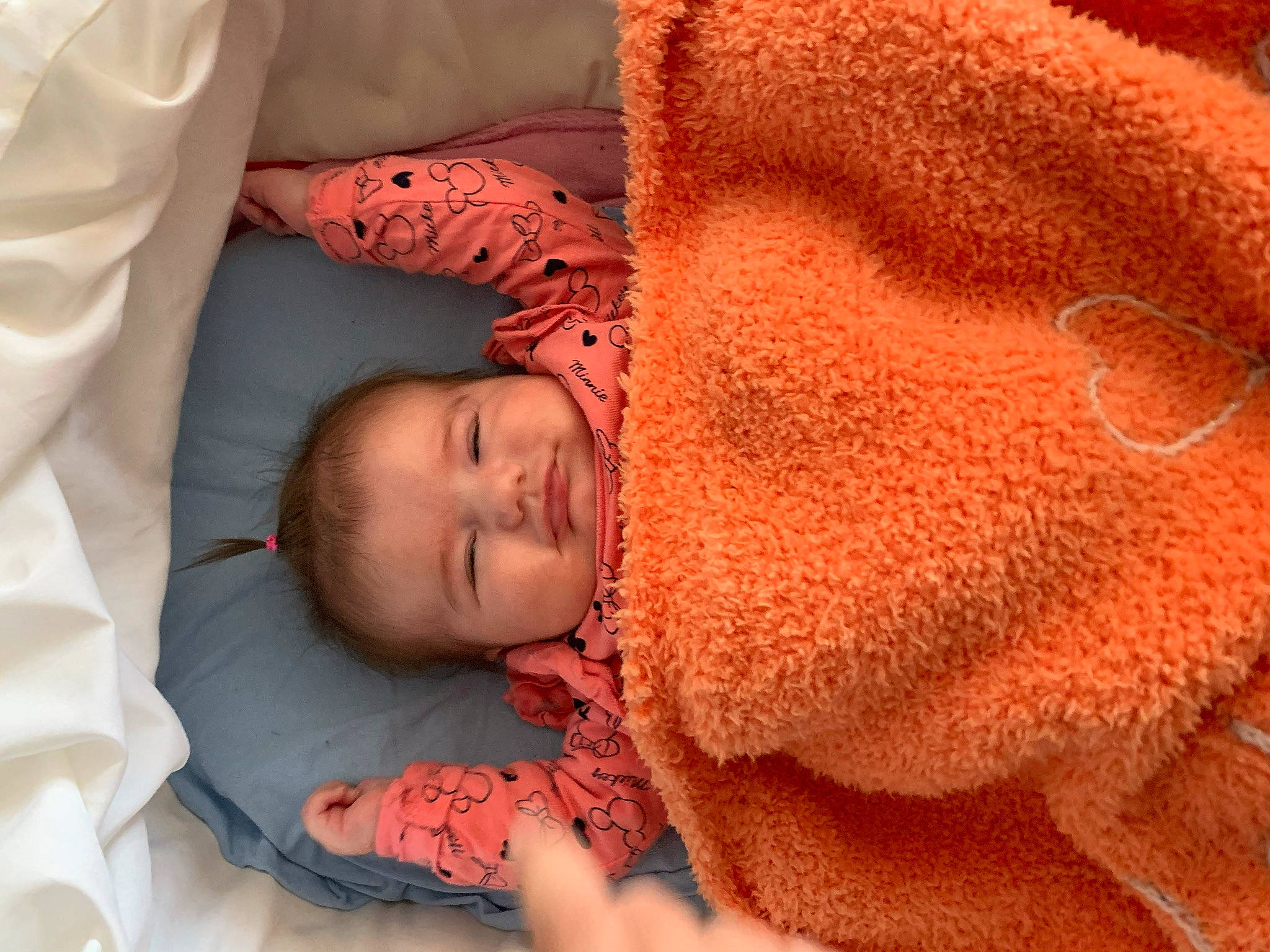 Luciana participe au concours pour gagner de l'argent avec cette photo : baby, baby_sleeping, beauty, bedding, child, close_up, comfort, facial_expression, happy, human_body, linens, mammal, mouth, orange, peach, person, skin, sleeve, t_shirt, textile