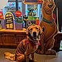 dog, golden_retriever, costume, tiger_stripes, red_collar, indoor, halloween, decorations, cardboard_cutout, scooby_doo, window, street_view, floor, wooden_panel, smiling, leash, pet, festive, orange, black_stripes