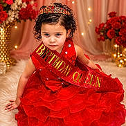 Gema joined the competition — help win amazing prizes! child, toddler, birthday, crown, dress, red_dress, sash, birthday_queen, portrait, sitting, curly_hair, smiling, indoor, floral_decor, roses, fairy_lights, celebration, phone_screenshot, royal_theme, photography