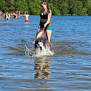 Tonka participe au concours pour gagner de l'argent avec cette photo : woman, dog, husky, water, lake, splashing, summer, outdoor, forest, trees, people, swimming, sunny, nature, leash, active, recreation, sporty, happy, reflection