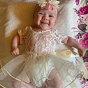 Merclynn is registered to the contest to win money with this photo: baby, smiling, flower_headband, lace_dress, infant, cute, lying_down, blanket, floral_pattern, happy, child, portrait, soft_lighting, indoors, toddler, young_child, person, head, arms, legs