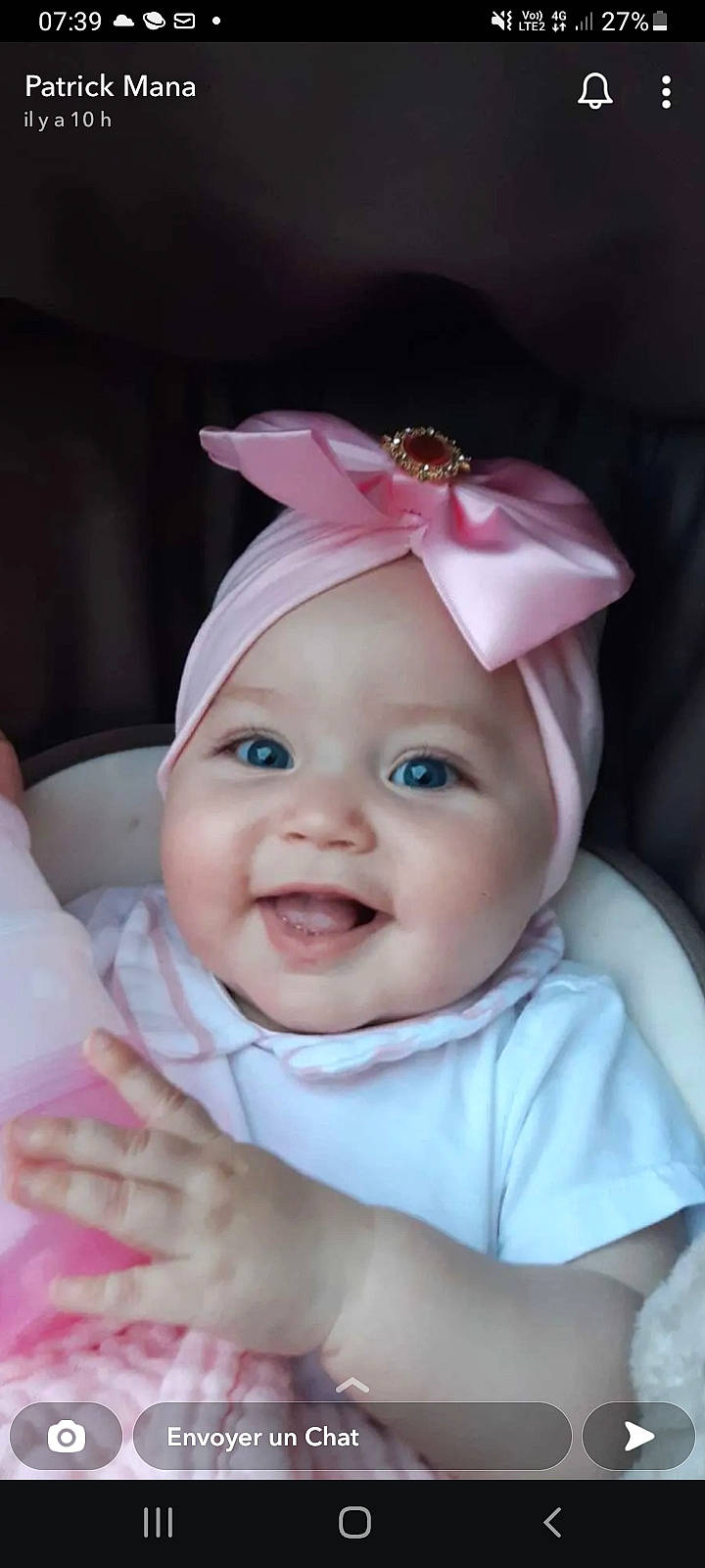 Sinay participe au concours pour gagner de l'argent avec cette photo : baby, baby_toddler_clothing, bridal_accessory, cap, cheek, ear, eye, eyebrow, eyelash, happy, headband, headgear, headpiece, headwear, iris, jewellery, lip, person, pink, skin