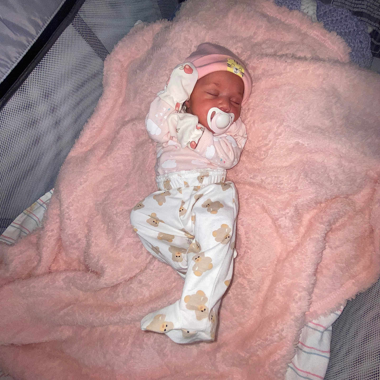 Cerenity joined the competition — help win amazing prizes! baby, newborn, sleeping, pacifier, pink_blanket, crib, mesh, hat, pajamas, teddy_bear_print, infant, cozy, cute, child, sleep, blanket, soft, rest, indoors, baby_clothes