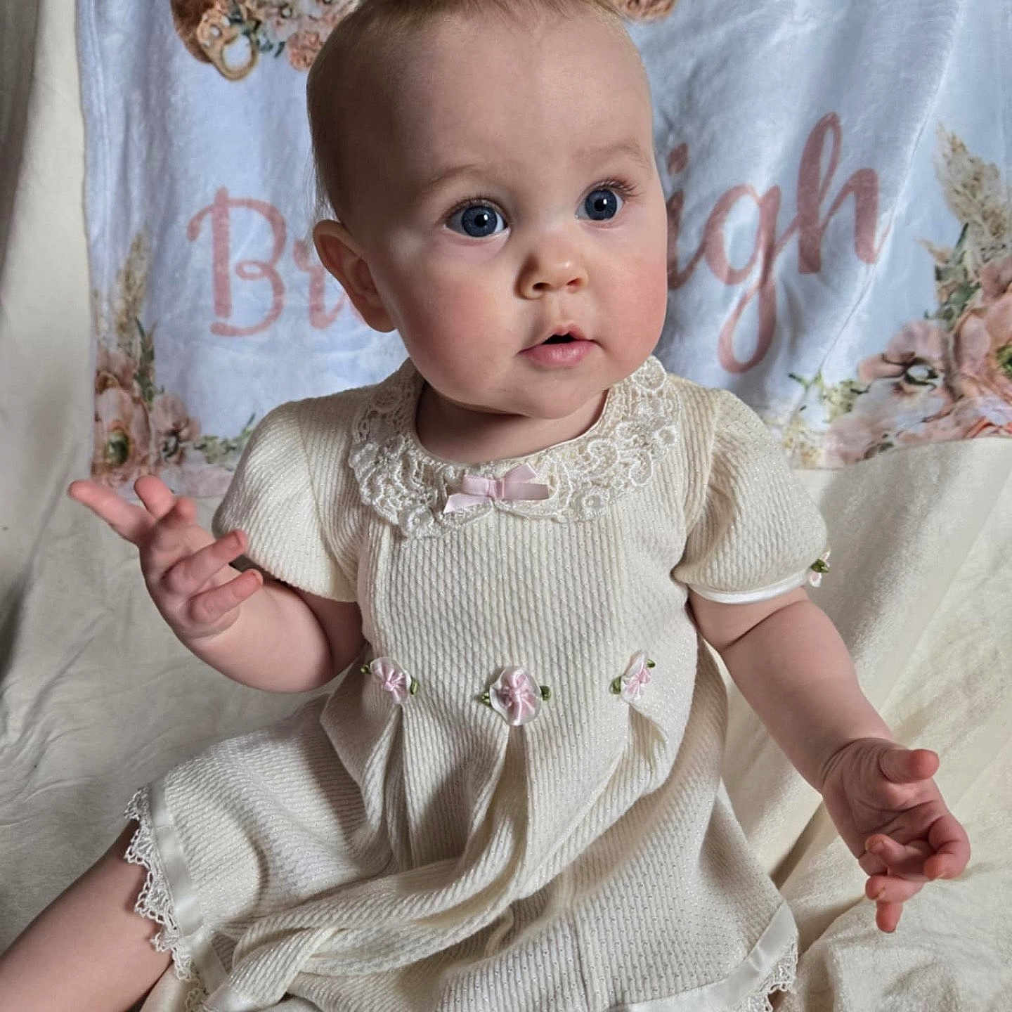 Braialeigh is registered to the contest to win money with this photo: baby, blonde, bodypart, clothing, crawling, dress, face, finger, hair, hand, happy, head, longsleeve, pants, person, photography, portrait, sitting, sleeve, smile