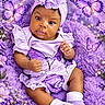 baby, child, infant, portrait, sitting, purple, lavender, butterfly, flowers, headband, dress, ruffles, socks, blanket, fluffy, indoor, smiling, face, fashion, colorful