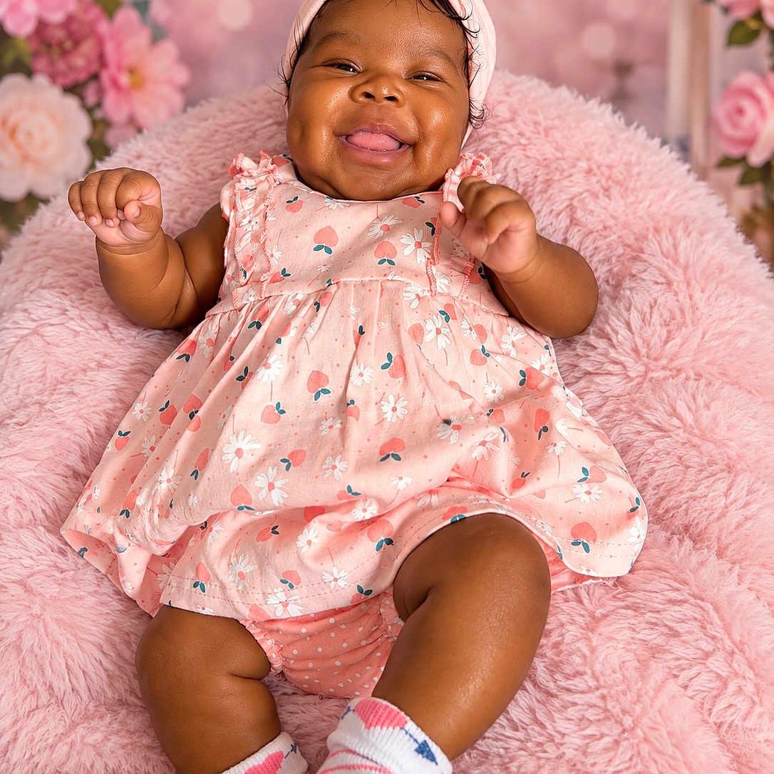 Enyla joined the competition — help win amazing prizes! baby, child, infant, smiling, portrait, indoor, pink, floral, flower_headband, dress, socks, sitting, fuzzy_blanket, backdrop, happy, cute, fashion, baby_photography, studio, pastel