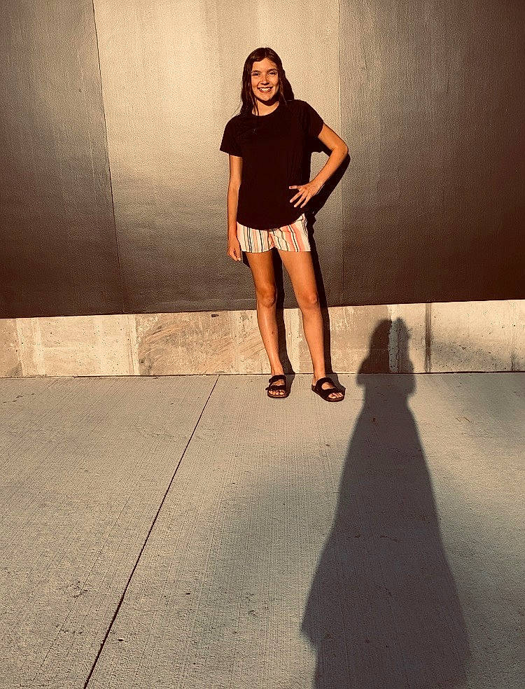 Ava joined the competition — help win amazing prizes! asphalt, black_hair, brown_hair, electric_blue, eyewear, fashion_design, flash_photography, human_leg, joy, knee, leg, long_hair, person, road, road_surface, sandal, shoulder, standing, t_shirt, thigh