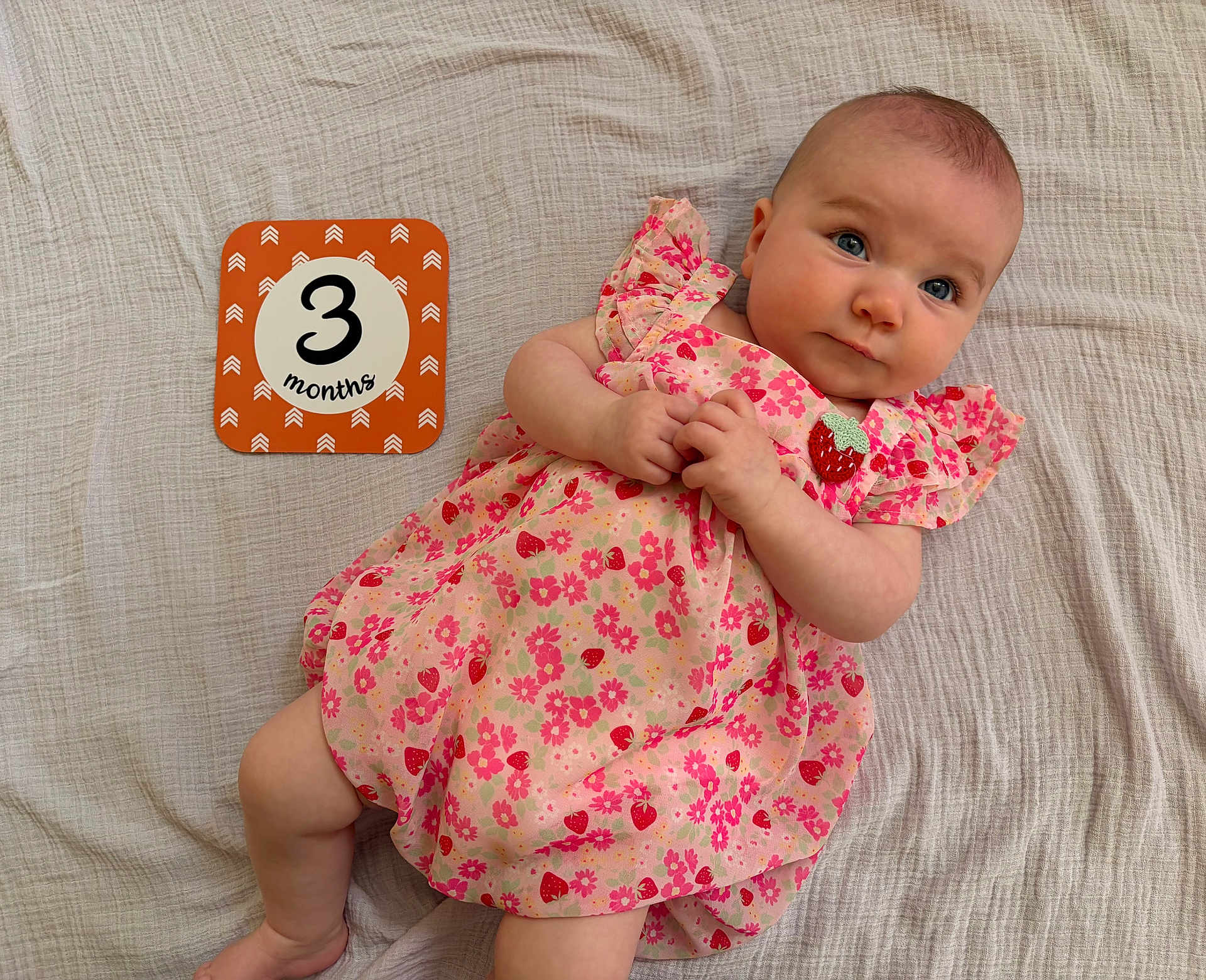 Hadley is registered to the contest to win money with this photo: baby, infant, three_months, milestone_card, floral_dress, pink, strawberry, blanket, lying_down, hands, feet, blue_eyes, portrait, smile, cute, fabric, pattern, bedroom, soft_texture, photo