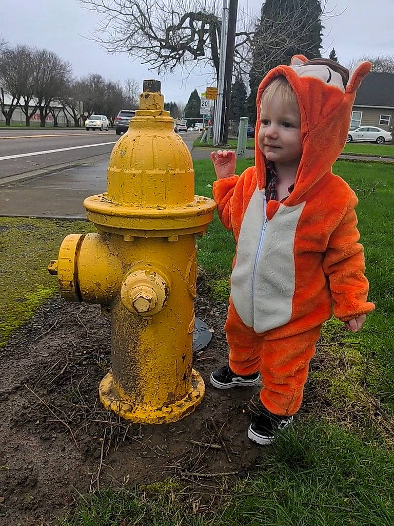 Charlie joined the competition — help win amazing prizes! asphalt, cylinder, fire_hydrant, gas, grass, hat, jacket, landscape, lawn_ornament, people_in_nature, person, personal_protective_equipment, plant, public_utility, road, road_surface, sky, tar, toddler, tree