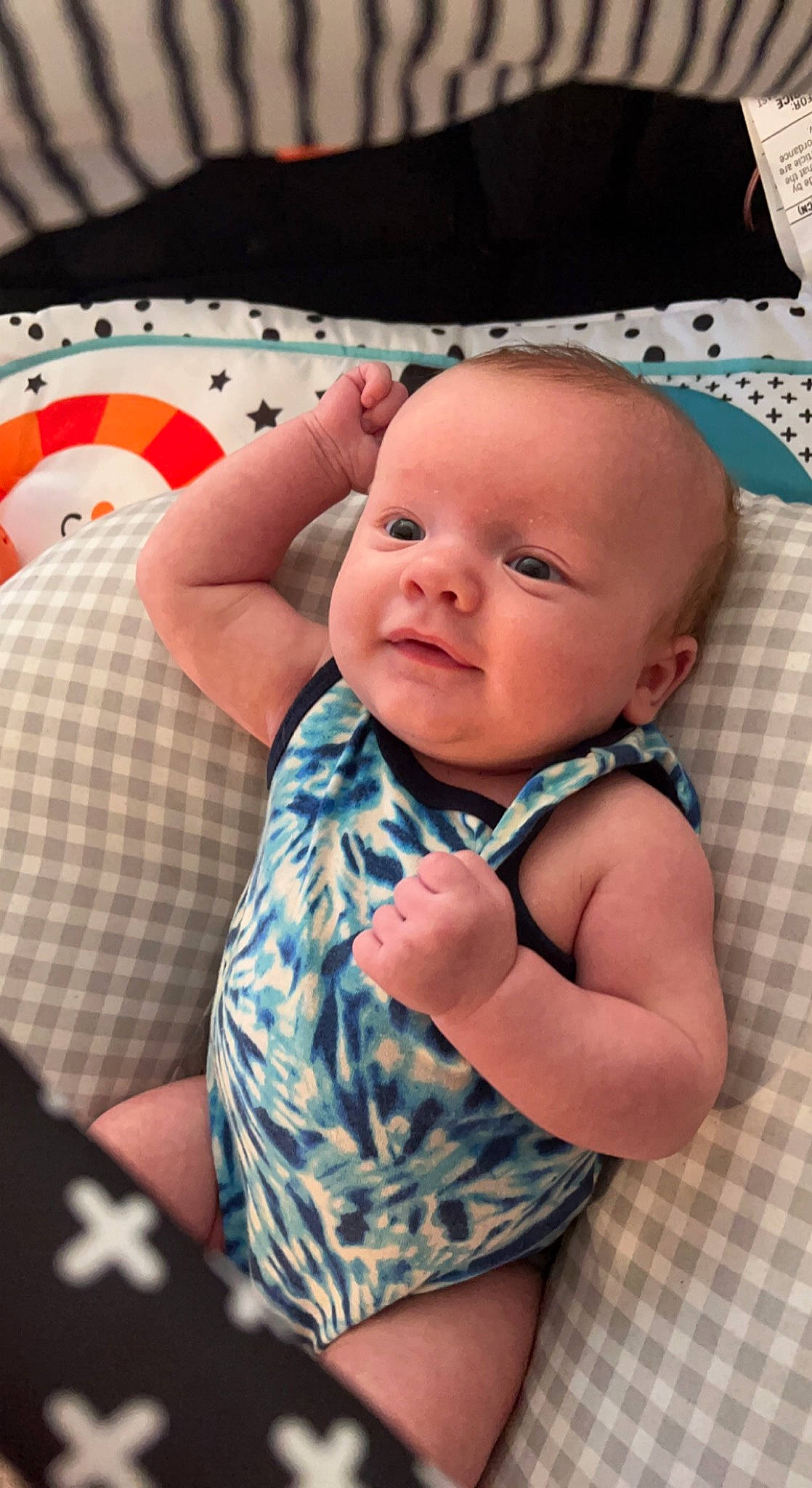 Eliyas joined the competition — help win amazing prizes! baby, baby_toddler_clothing, cheek, child, chin, comfort, eye, face, facial_expression, finger, head, iris, lip, mouth, pattern, person, product, skin, sleeve, textile