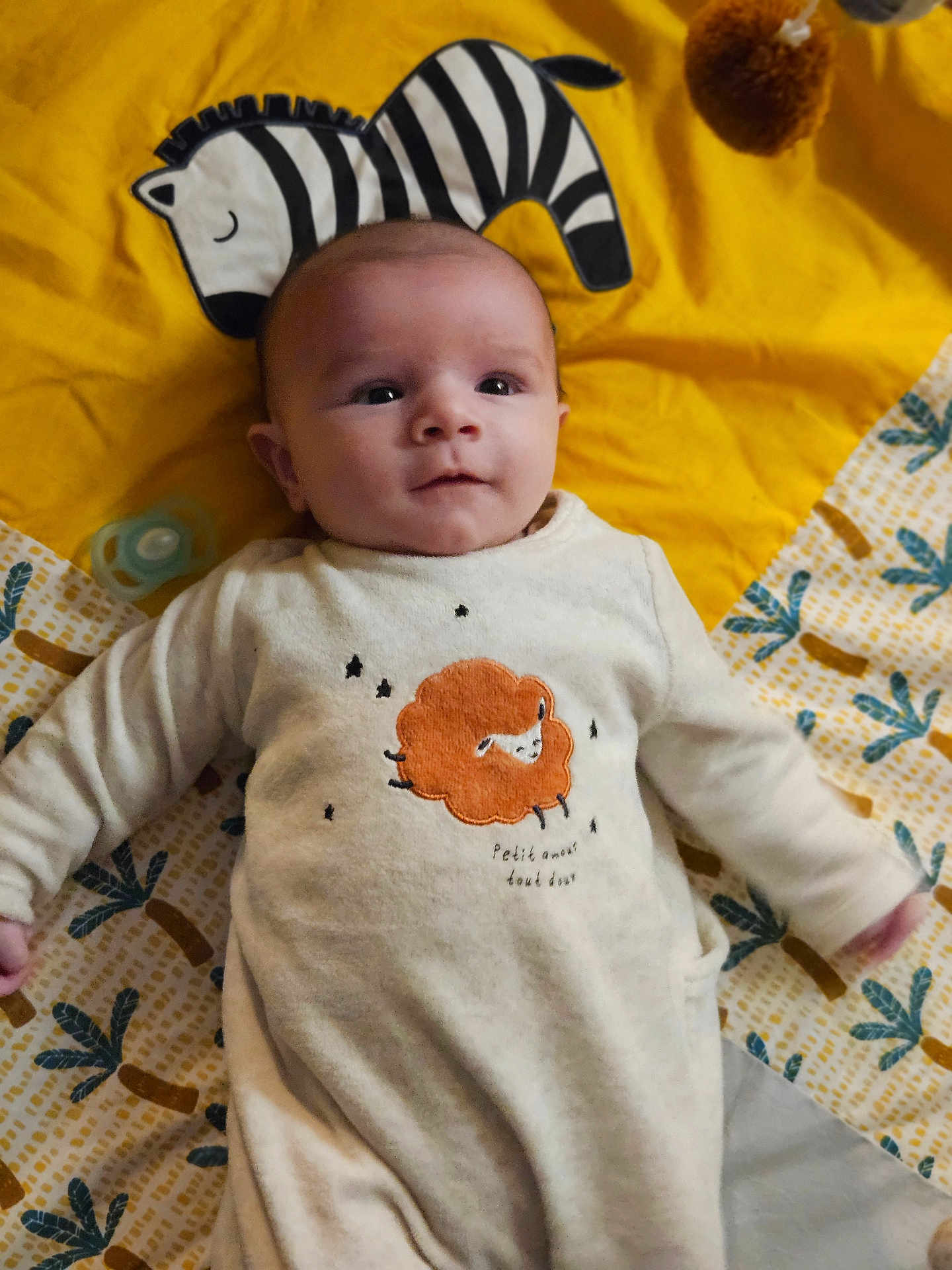 Louka a rejoint le concours — aidez-le/la à gagner de superbes lots ! baby, infant, blanket, zebra, pattern, yellow, clothing, cute, face, portrait, lying_down, soft_toys, animal_design, cozy, child, small_person, textile, comfort, expression, indoors