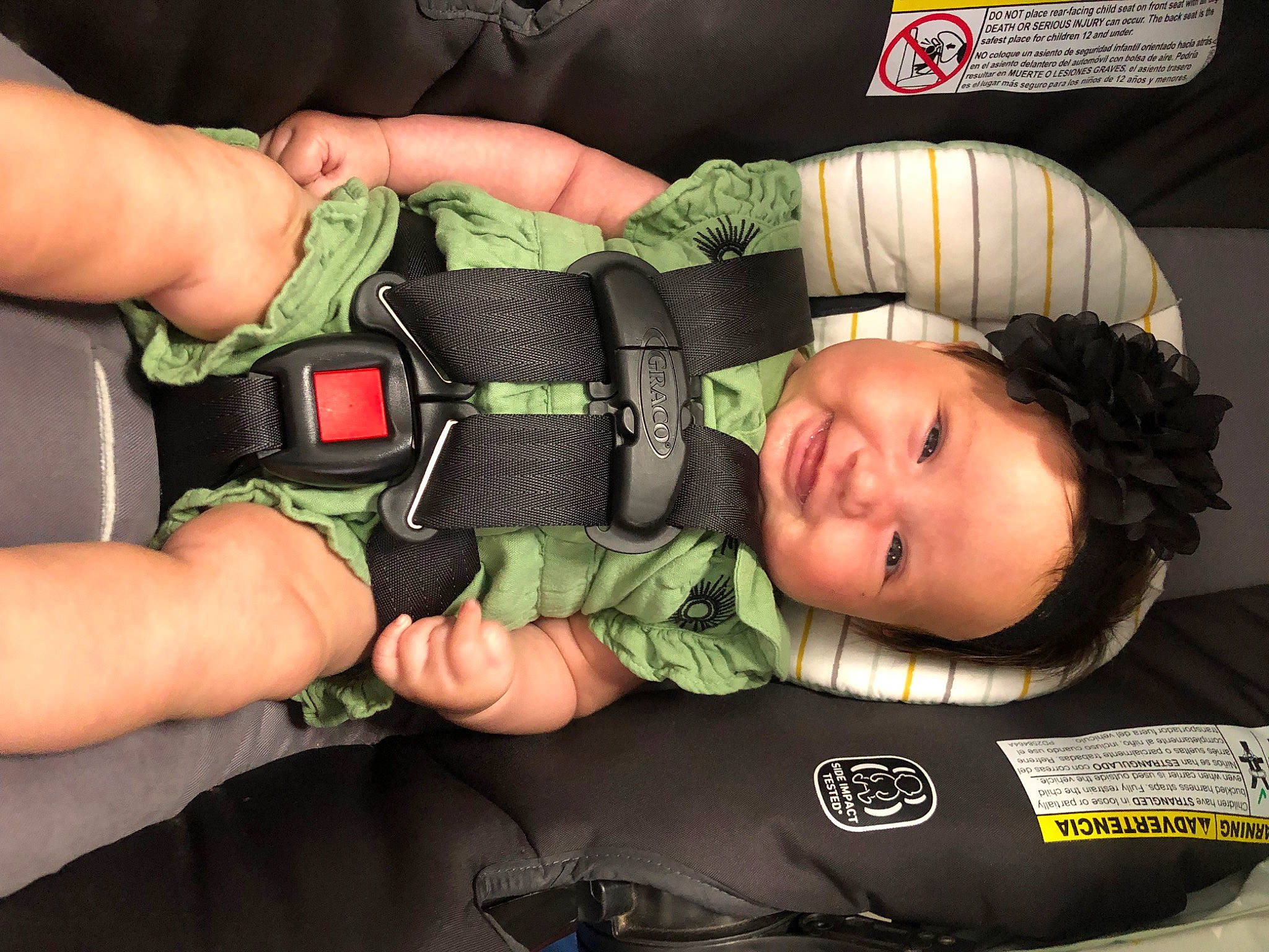 Audrina is registered to the contest to win money with this photo: auto_part, baby, baby_carriage, baby_products, baby_toddler_clothing, car_seat, child, comfort, fashion_accessory, finger, gesture, hand, happy, headwear, joy, mouth, nail, person, personal_protective_equipment, smile