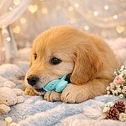 Aria participe au concours pour gagner de l'argent avec cette photo : blanket, blue_toy, bokeh_lights, close_up, cozy, cute, dog, feather, flowers, fur, golden_retriever, heart_bokeh, indoor, pet, pinecones, portrait, puppy, resting_pose, soft_texture, stuffed_toy
