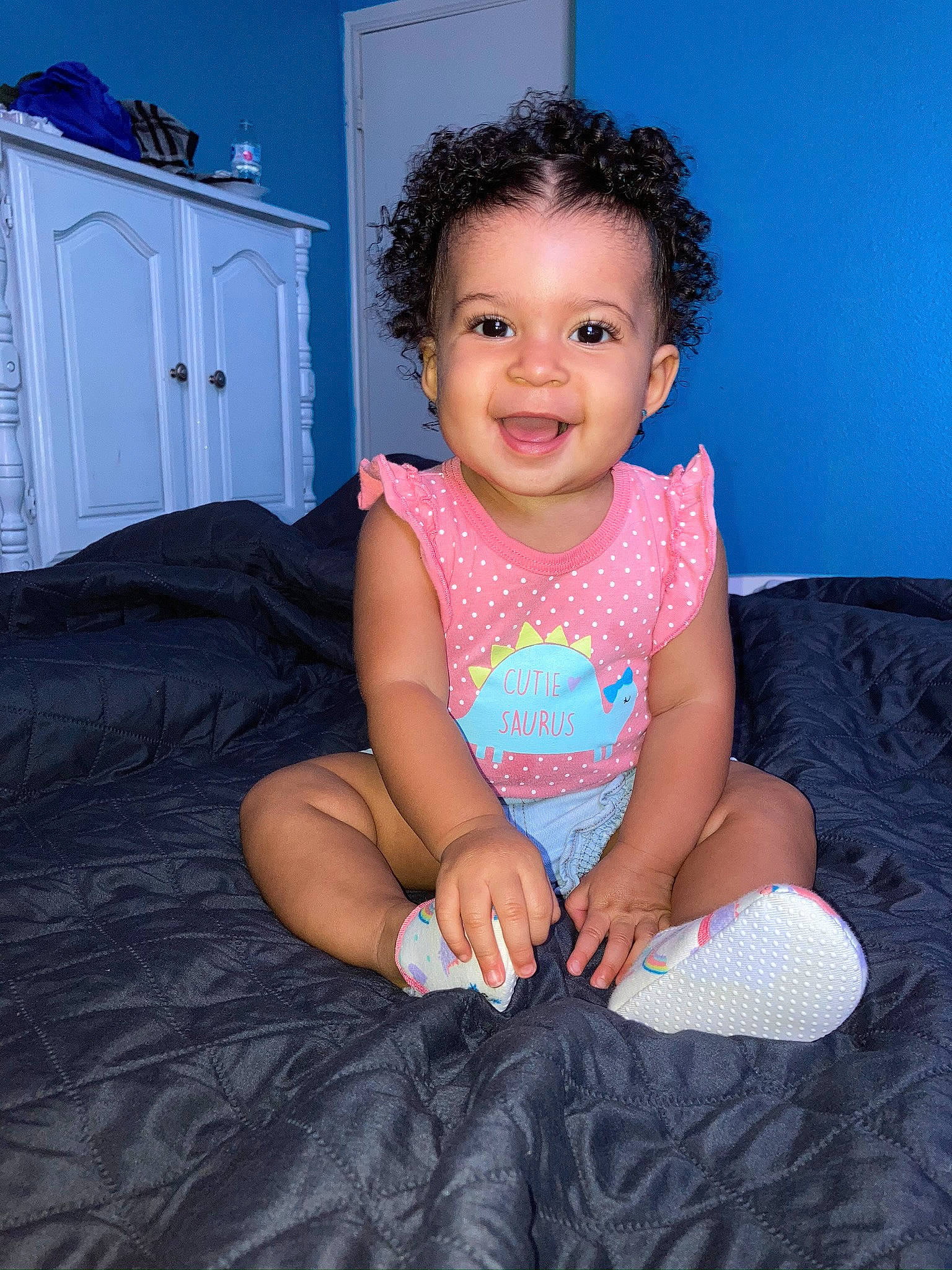 Aaliyah joined the competition — help win amazing prizes! azure, baby_toddler_clothing, black, blue, cabinetry, chin, comfort, eye, flash_photography, happy, head, human_body, iris, joy, leg, person, purple, shoulder, skin, sleeve