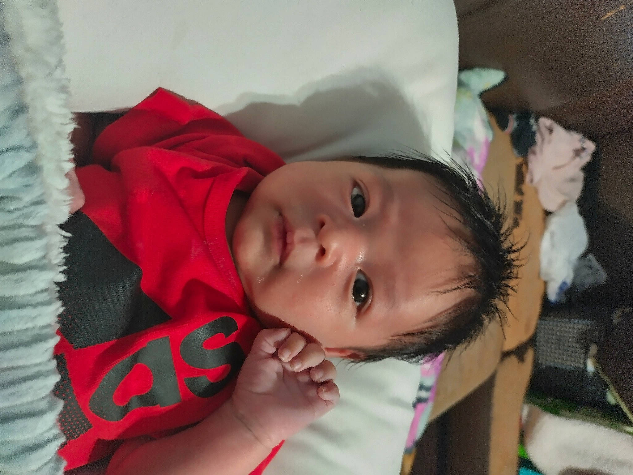 De'Angelo is registered to the contest to win money with this photo: baby, baby_toddler_clothing, cheek, child, eyebrow, eyelash, fun, happy, hat, iris, lip, person, room, toddler