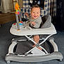 baby, walker, smiling, dog, living_room, carpet, chair, baby_toys, floor, furniture, person, indoor, happy, child, pet, playtime, home, cute, infant, interaction