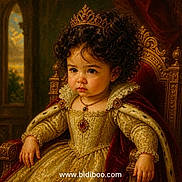 Kianna joined the competition — help win amazing prizes! child, toddler, portrait, crown, throne, royalty, dress, cape, curly_hair, brown_hair, jewelry, necklace, ornate, vintage, painting, seated, indoors, gold, red_velvet, watermark