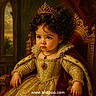 child, toddler, portrait, crown, throne, royalty, dress, cape, curly_hair, brown_hair, jewelry, necklace, ornate, vintage, painting, seated, indoors, gold, red_velvet, watermark