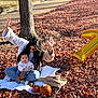 baby, woman, autumn, leaves, pumpkin, balloon, blanket, outdoor, park, tree, fall, celebration, number_balloon, casual_clothing, sitting, sunlight, shade, nature, playful, family