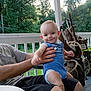 baby, child, adult_hand, porch, outdoor, trees, greenery, smile, onesie, diaper, person, wood, antlers, chair, casual_clothing, nature, daylight, happy, relaxing, background